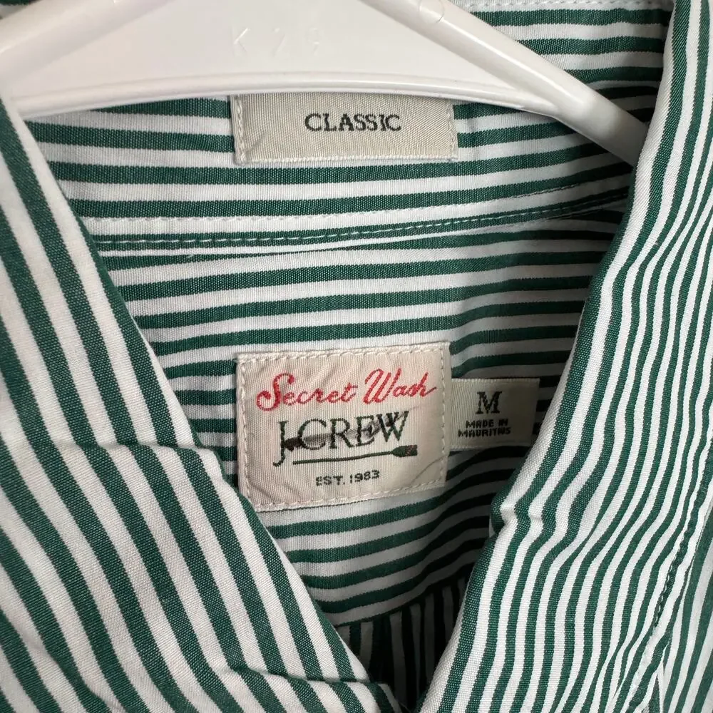 J.Crew Secret Wash Cotton Poplin Shirt Mens M Green White Striped Long Sleeve